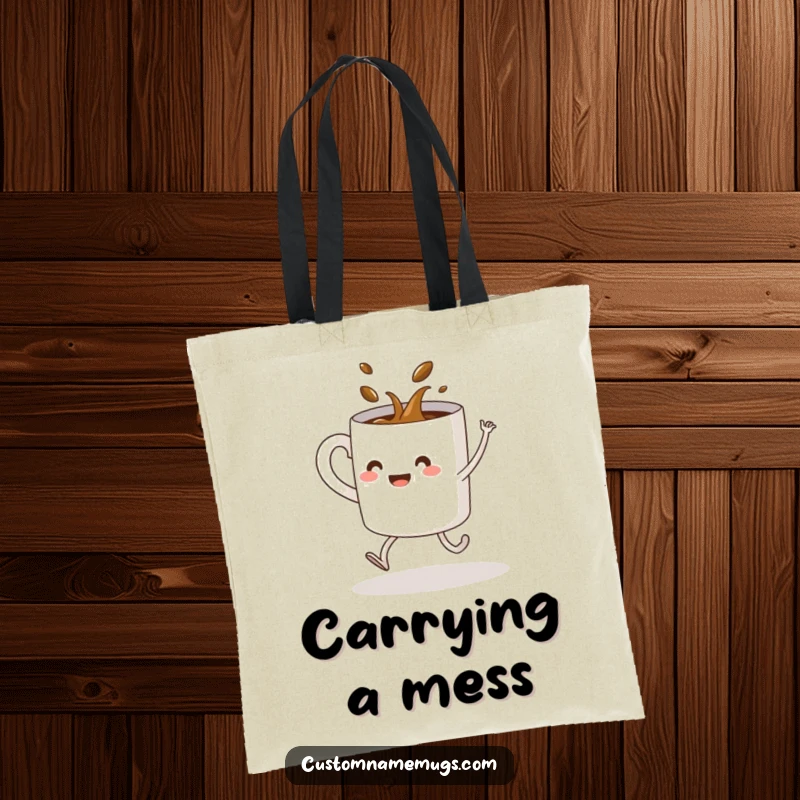 Funny tote bag showing a coffee mug with legs spilling its contents during a dance move, a humorous and practical item.
