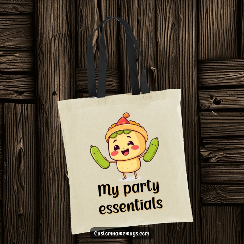 Funny Tote Bag: A smiling taco wearing a party hat juggles three comically large pickles, showing hilarious food fun.