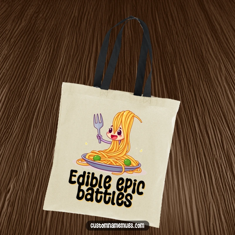 Funny tote bag with a brave fork character epicly jousting a massive spaghetti strand, perfect for grocery adventures.