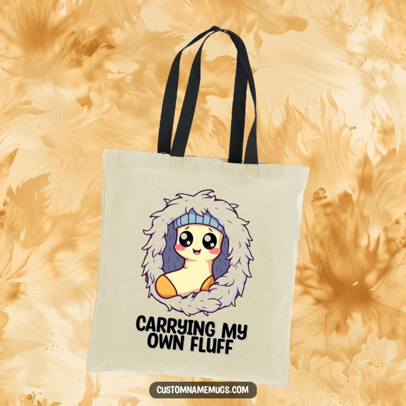 Funny Kawaii sock character battling a giant dryer lint monster, a humorous tote bag for carrying groceries or laundry.