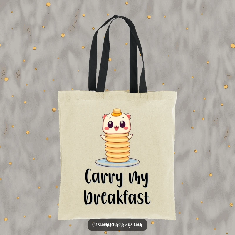 Funny tote bag featuring a googly-eyed creature balancing pancakes, great for grocery runs or carrying breakfast treats with a smile.