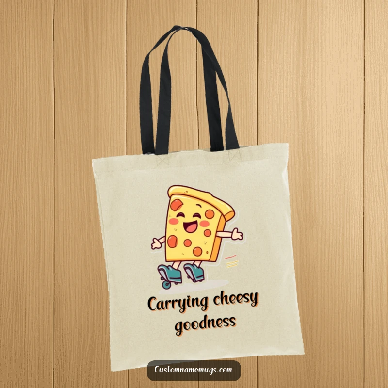 Funny pizza roller skater tote bag, a laughing pizza slice wearing roller skates zooms around, perfect for carrying goodies.