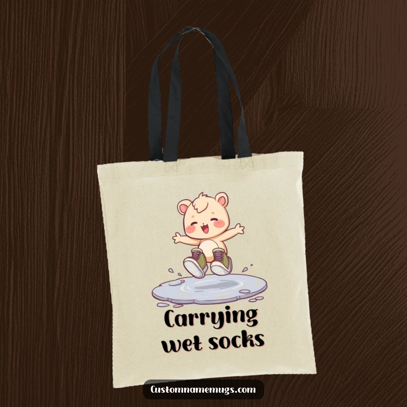 Funny tote bag showcasing a creature with huge shoes joyfully hopping in a puddle, great for carrying items with a smile.