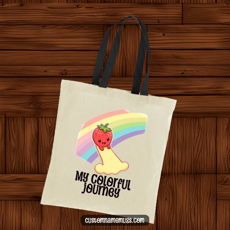 Funny tote bag featuring a smiling strawberry character dramatically sliding down a rainbow, ideal for carrying essentials with whimsical flair.