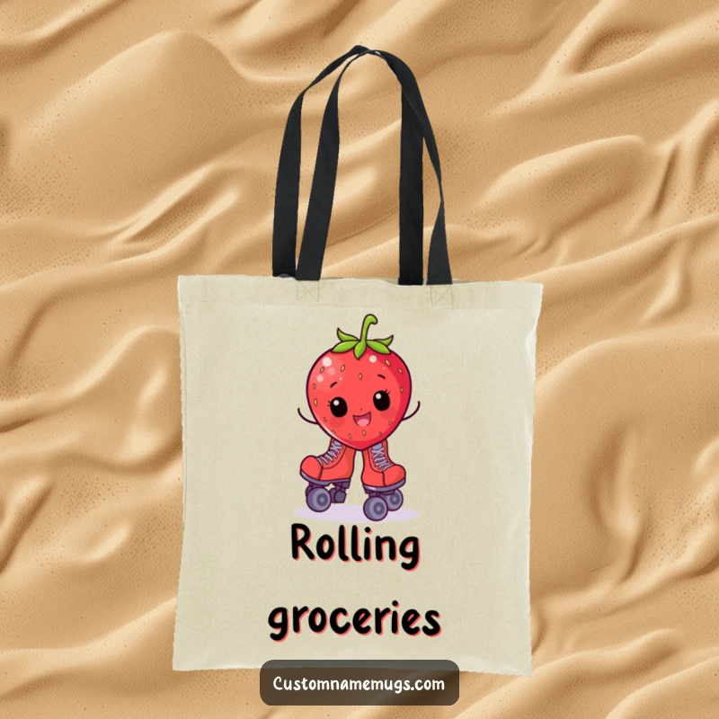 Funny tote bag with a cheerful strawberry character in oversized roller skates, wobbling adorably, great for shopping.
