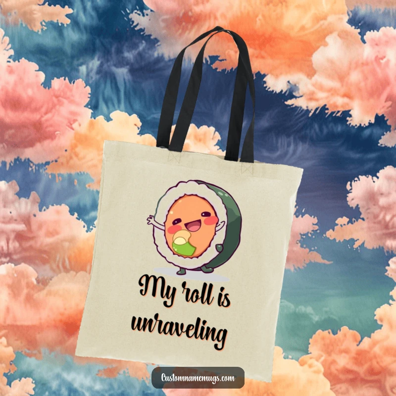 Funny tote bag showcasing a happy sushi roll character attempting a cartwheel and almost falling apart, a whimsical and practical accessory.