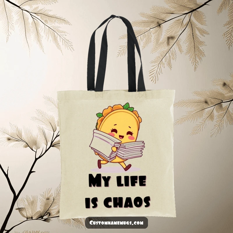 Funny tote bag showing a blushing taco character comically tripping while holding an overflowing stack of papers, great for carrying stuff.