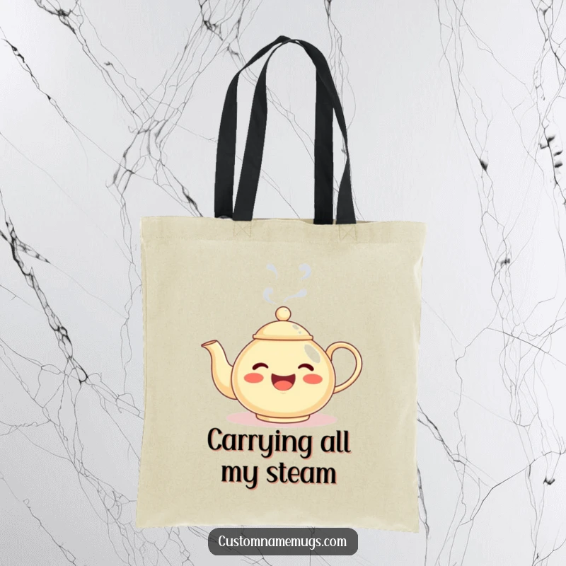 Funny tote bag featuring a delighted teapot character emanating steam that forms a silly face, a humorous and practical carry-all.