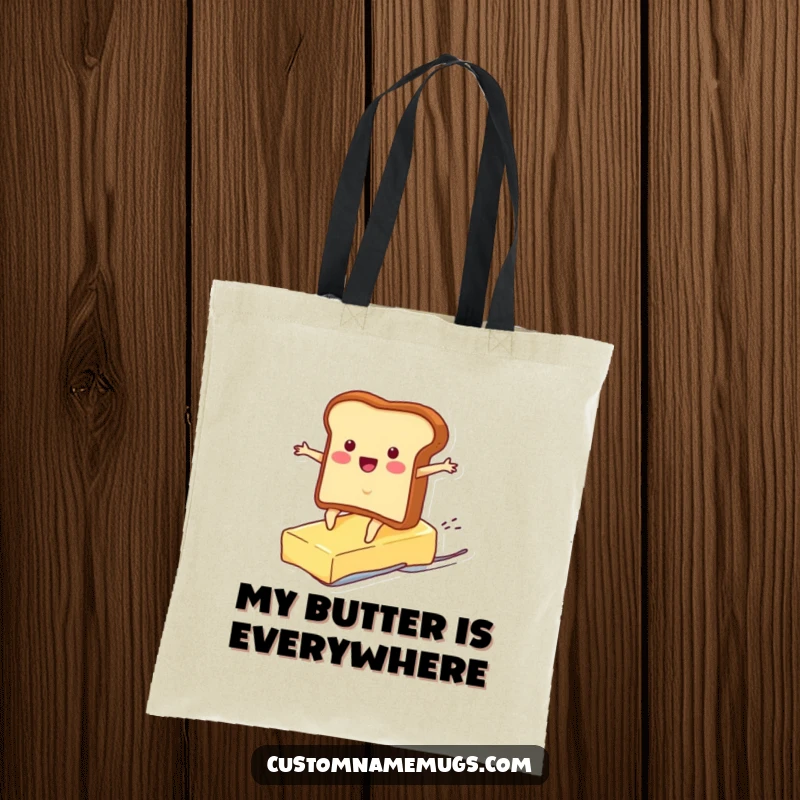 Funny tote bag showcasing a cheerful toast character surfing a pat of butter, a whimsical and practical accessory for humor lovers.