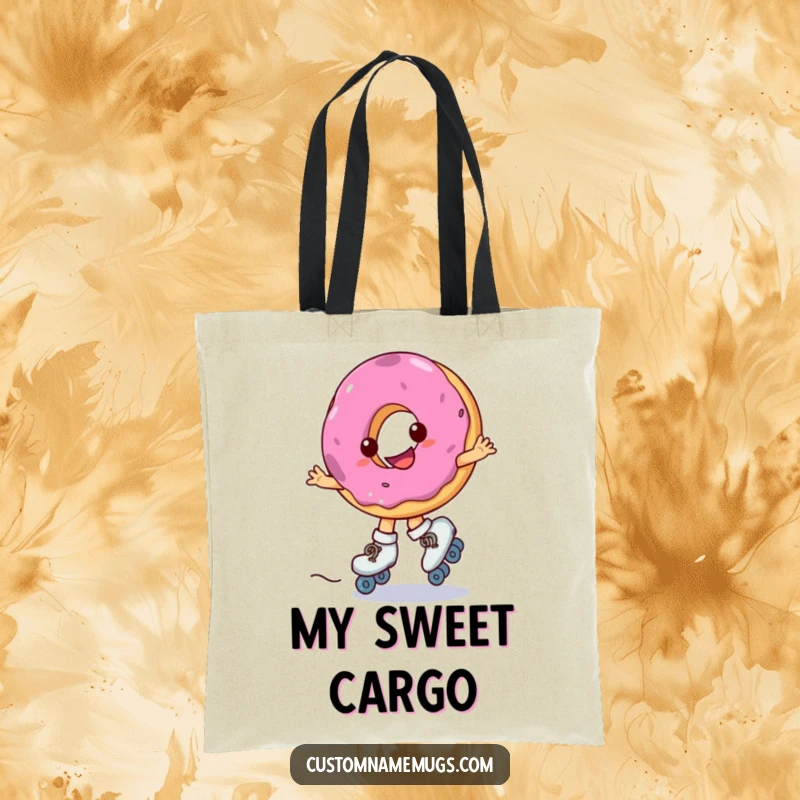 Funny tote bag showing a smiling donut wearing roller skates, spinning erratically, a humorous and practical item.