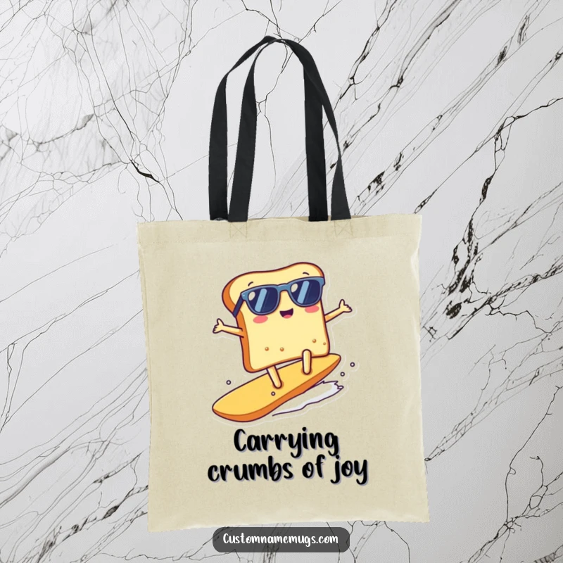 Funny kawaii toast character surfing a crumb on a durable tote bag, a stylish funny gift.
